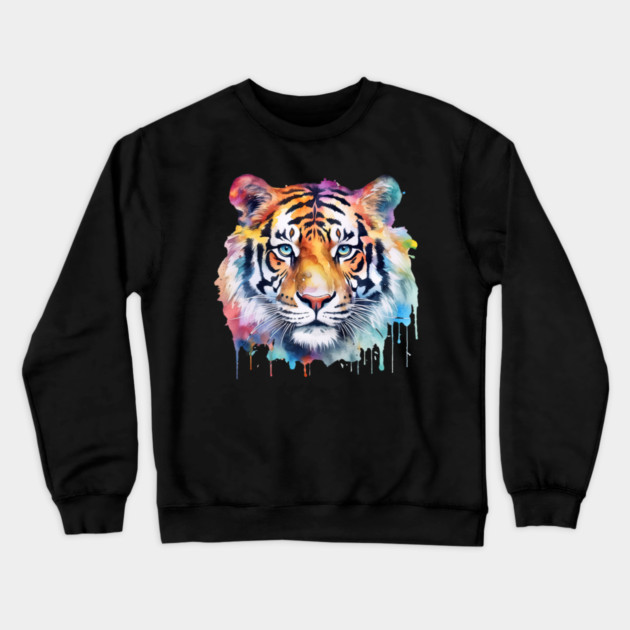 Colorful Rainbow Tiger Watercolor Tee Crewneck Sweatshirt by Kathy Hawke