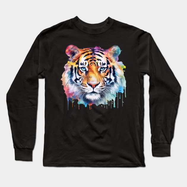 Colorful Rainbow Tiger Watercolor Tee Long Sleeve T-Shirt by Kathy Hawke