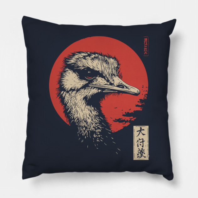 Contemplative Ostrich Portrait Ukiyo-e Nature Art Pillow by TuncGK