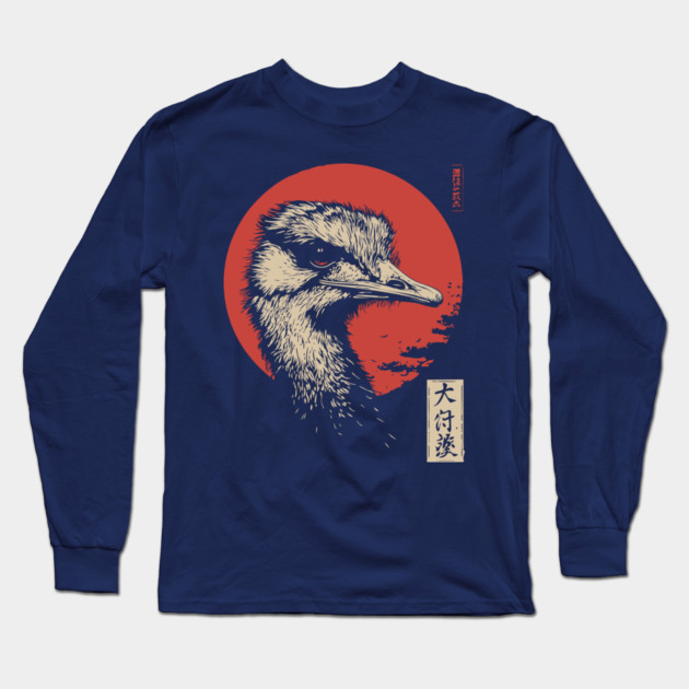 Contemplative Ostrich Portrait Ukiyo-e Nature Art Long Sleeve T-Shirt by TuncGK