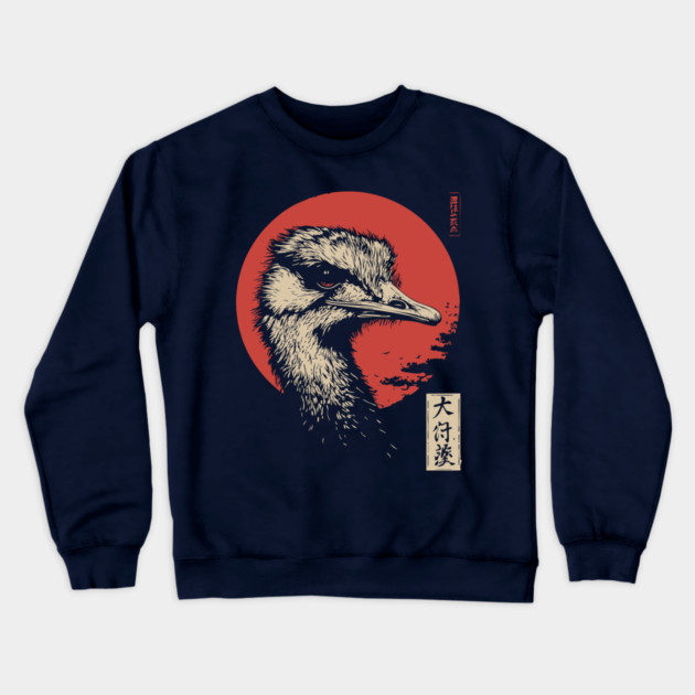Contemplative Ostrich Portrait Ukiyo-e Nature Art Crewneck Sweatshirt by TuncGK