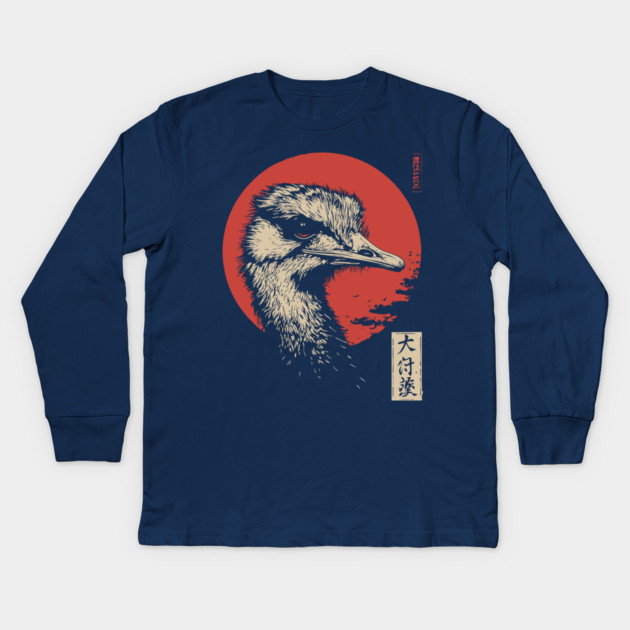 Contemplative Ostrich Portrait Ukiyo-e Nature Art Kids Long Sleeve T-Shirt by TuncGK