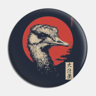 Contemplative Ostrich Portrait Ukiyo-e Nature Art Pin