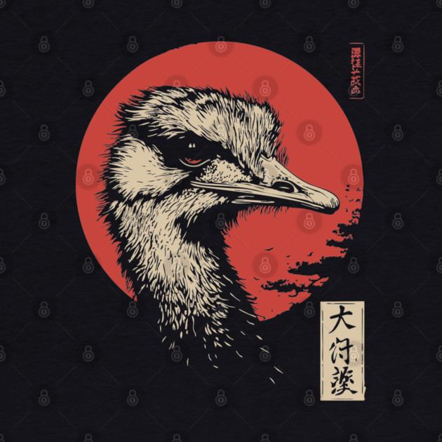 Contemplative Ostrich Portrait Ukiyo-e Nature Art by TuncGK