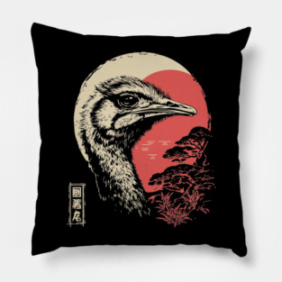 Intense Ostrich Portrait Vintage Japanese Art Pillow