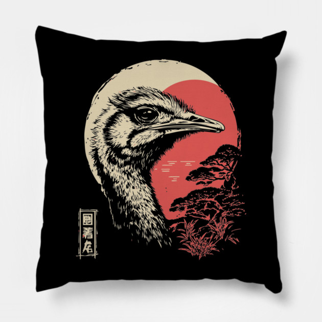 Intense Ostrich Portrait Vintage Japanese Art Pillow by TuncGK