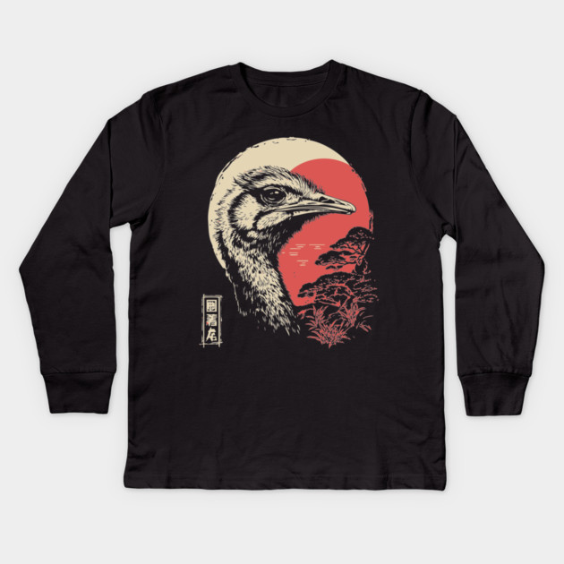 Intense Ostrich Portrait Vintage Japanese Art Kids Long Sleeve T-Shirt by TuncGK