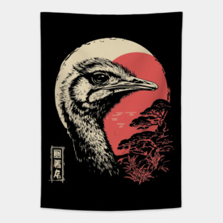 Intense Ostrich Portrait Vintage Japanese Art Tapestry