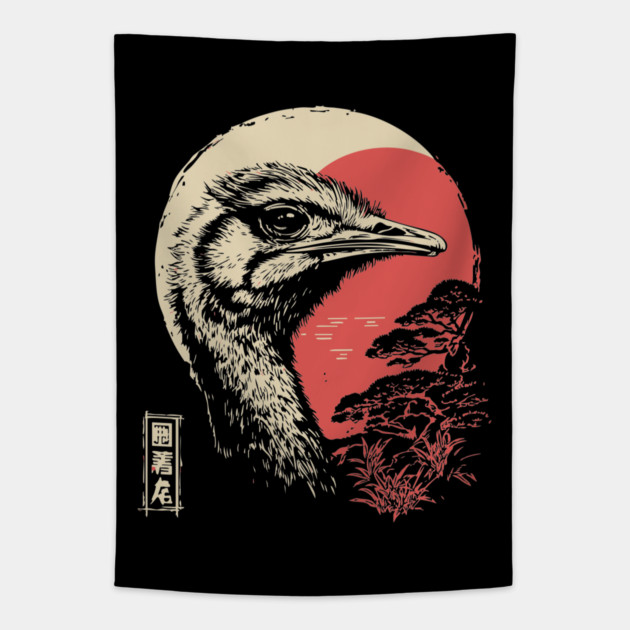 Intense Ostrich Portrait Vintage Japanese Art Tapestry by TuncGK
