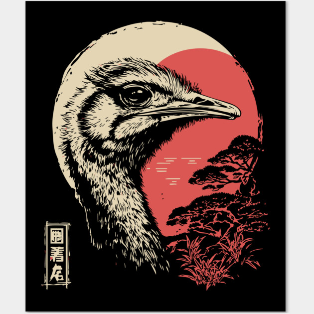 Intense Ostrich Portrait Vintage Japanese Art Wall Art by TuncGK
