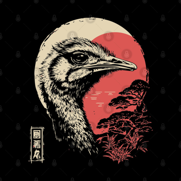 Intense Ostrich Portrait Vintage Japanese Art by TuncGK