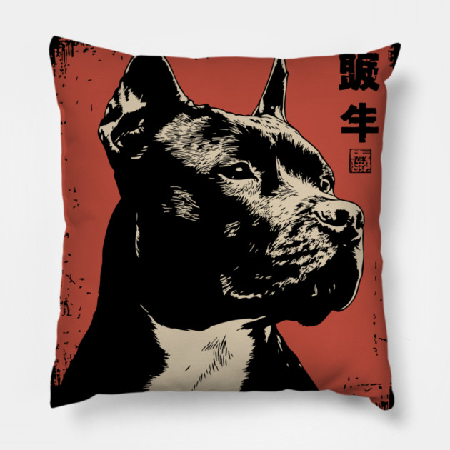 Noble Pitbull Portrait Vintage Japanese Art Style Pillow by TuncGK