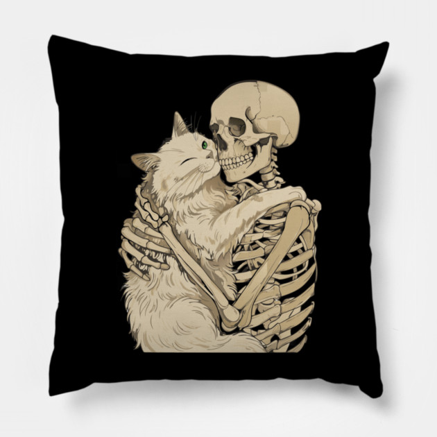 Cat Hugging Skeleton Halloween Pillow by The WYLD Tribe