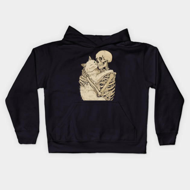 Cat Hugging Skeleton Halloween Kids Hoodie by The WYLD Tribe