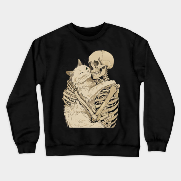 Cat Hugging Skeleton Halloween Crewneck Sweatshirt by The WYLD Tribe