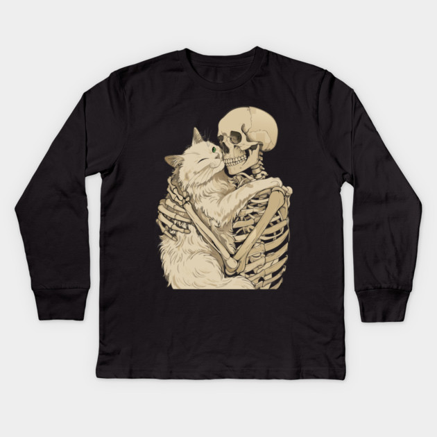 Cat Hugging Skeleton Halloween Kids Long Sleeve T-Shirt by The WYLD Tribe