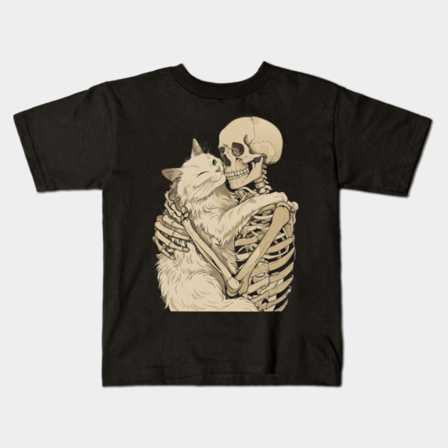 Cat Hugging Skeleton Halloween Kids T-Shirt by The WYLD Tribe