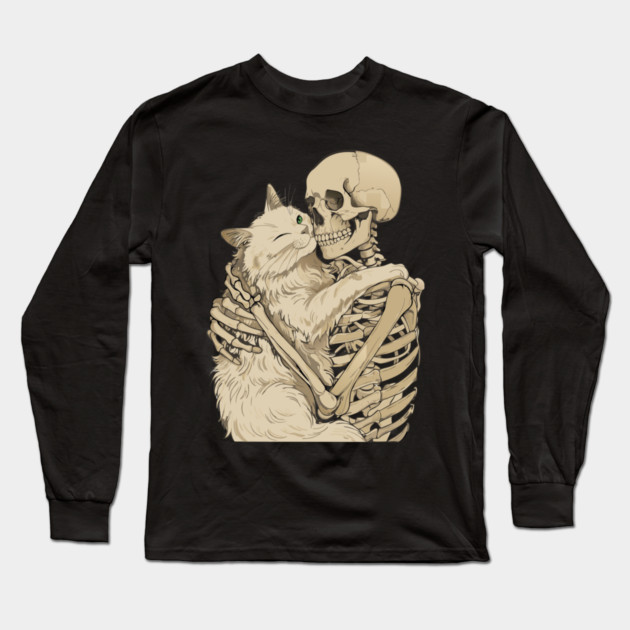 Cat Hugging Skeleton Halloween Long Sleeve T-Shirt by The WYLD Tribe