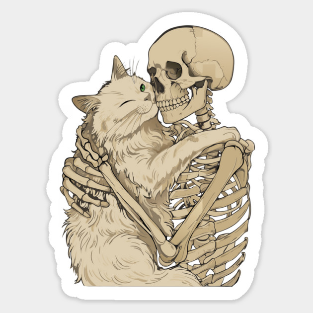Cat Hugging Skeleton Halloween Sticker by The WYLD Tribe