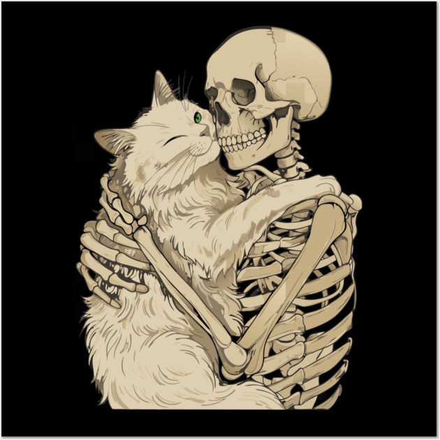 Cat Hugging Skeleton Halloween Wall Art by The WYLD Tribe
