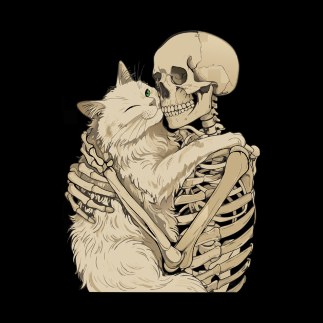 Cat Hugging Skeleton Halloween by The WYLD Tribe