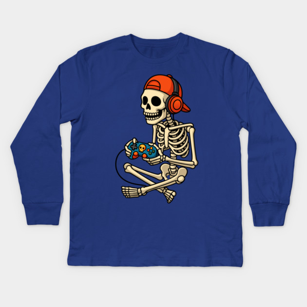 Skeleton Gamer Halloween Kids Long Sleeve T-Shirt by The WYLD Tribe