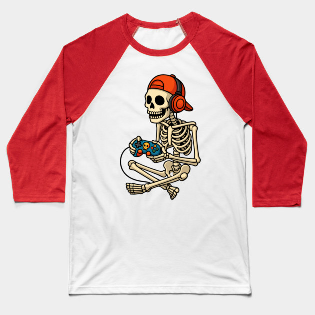 Skeleton Gamer Halloween Baseball T-Shirt by The WYLD Tribe