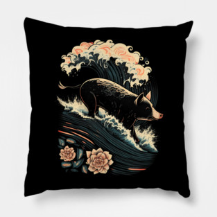 Surfing Pig Ocean Wave Surfer Gift Summer Beach Vacation Pillow