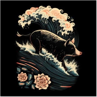 Surfing Pig Ocean Wave Surfer Gift Summer Beach Vacation Posters and Art