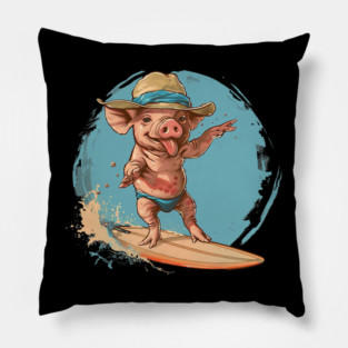 Surfing Pig in Swimming Trunks Fun Beach Design Pillow