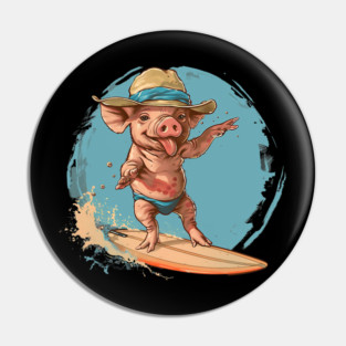 Surfing Pig in Swimming Trunks Fun Beach Design Pin