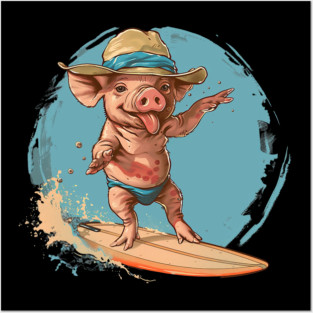 Surfing Pig in Swimming Trunks Fun Beach Design Posters and Art