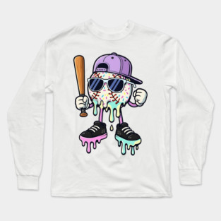 Baseball Drip – Pink Ice-Cream Baseball Mascot with Sunglasses Long Sleeve T-Shirt