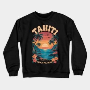 Tahiti French Polynesia, Tropical Sunset Palm Tree And Ocean Crewneck Sweatshirt