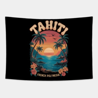 Tahiti French Polynesia, Tropical Sunset Palm Tree And Ocean Tapestry