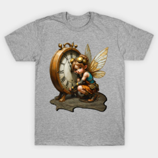 Steampunk Fairy with Golden Wings and Antique Clock T-Shirt