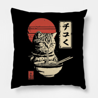 Cute Tabby Cat Eating Ramen Vintage Ukiyo-e Pillow