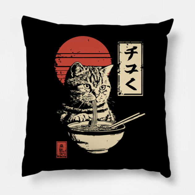 Cute Tabby Cat Eating Ramen Vintage Ukiyo-e Pillow by TuncGK