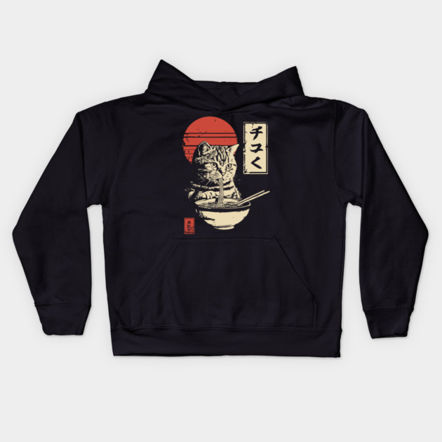 Cute Tabby Cat Eating Ramen Vintage Ukiyo-e Kids Hoodie by TuncGK