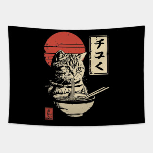 Cute Tabby Cat Eating Ramen Vintage Ukiyo-e Tapestry