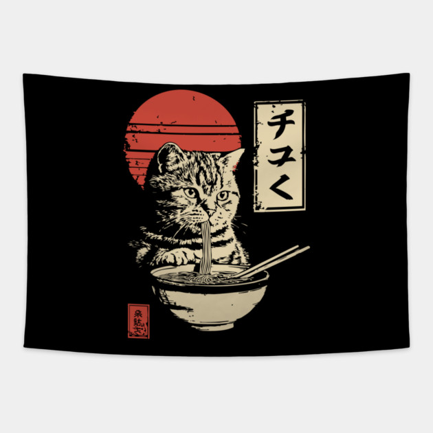 Cute Tabby Cat Eating Ramen Vintage Ukiyo-e Tapestry by TuncGK