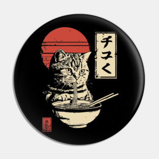 Cute Tabby Cat Eating Ramen Vintage Ukiyo-e Pin