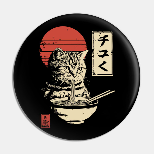 Cute Tabby Cat Eating Ramen Vintage Ukiyo-e Pin by TuncGK