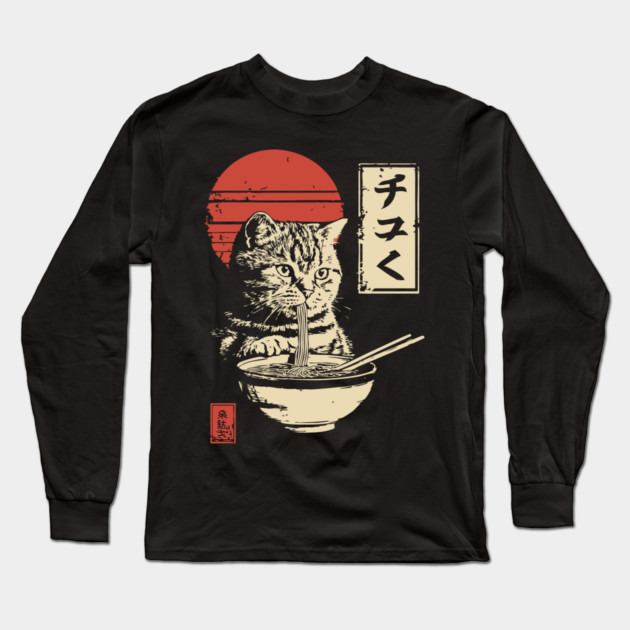 Cute Tabby Cat Eating Ramen Vintage Ukiyo-e Long Sleeve T-Shirt by TuncGK