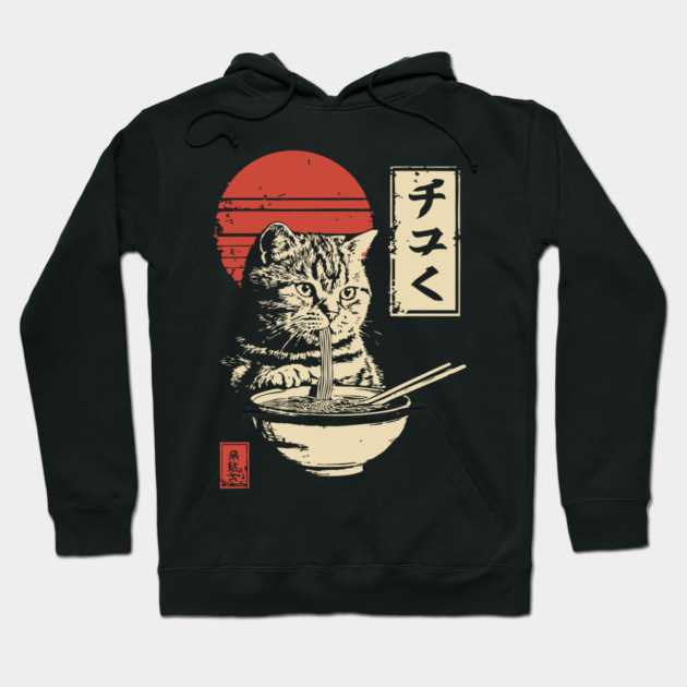 Cute Tabby Cat Eating Ramen Vintage Ukiyo-e Hoodie by TuncGK