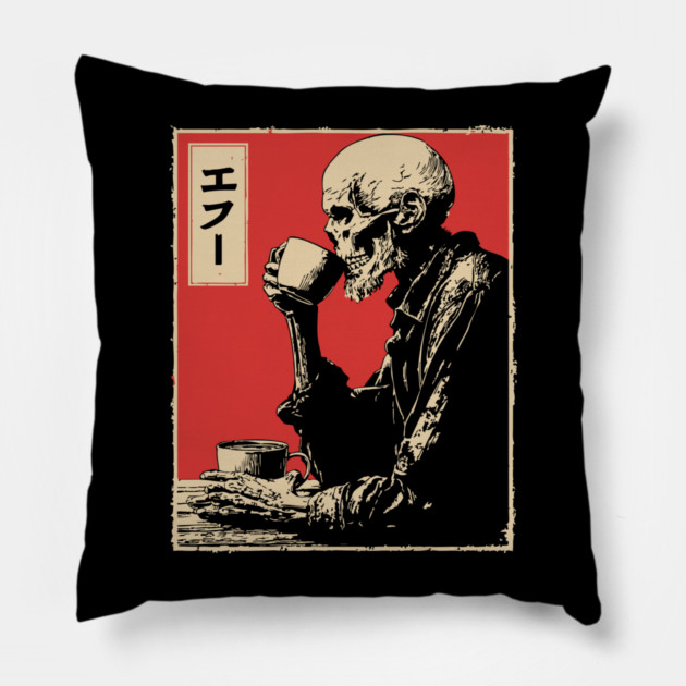 Funny Zombie Needs Coffee Vintage Japanese Art Pillow by TuncGK