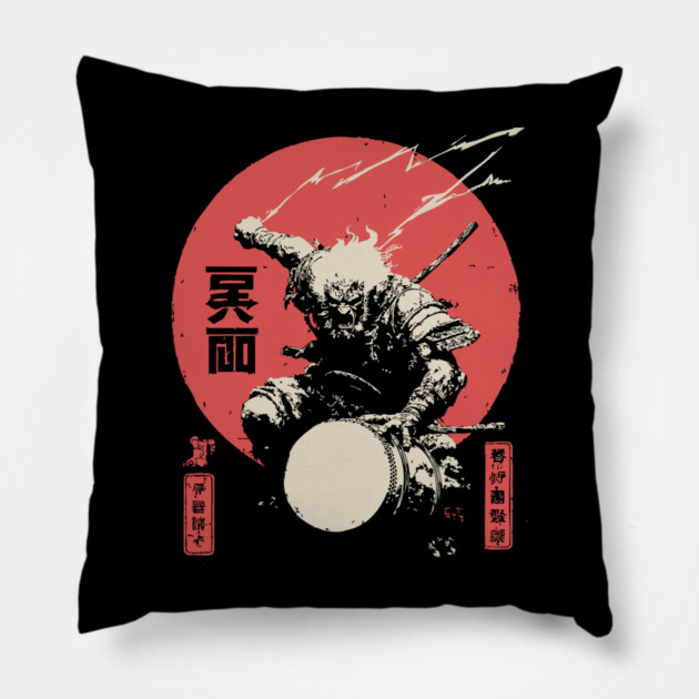 Raijin God of Thunder Vintage Japanese Mythology Pillow by TuncGK