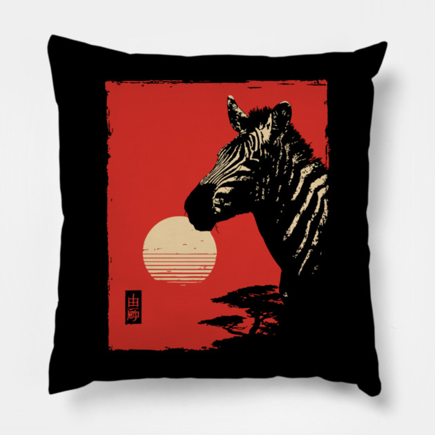 Bold Zebra Portrait Vintage Graphic Wildlife Art Pillow by TuncGK