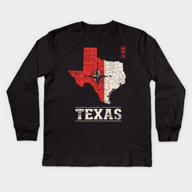 Vintage Texas State Map Lone Star Pride Art Kids Long Sleeve T-Shirt by TuncGK