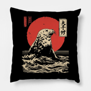 Curious Harbor Seal Portrait Vintage Marine Art Pillow